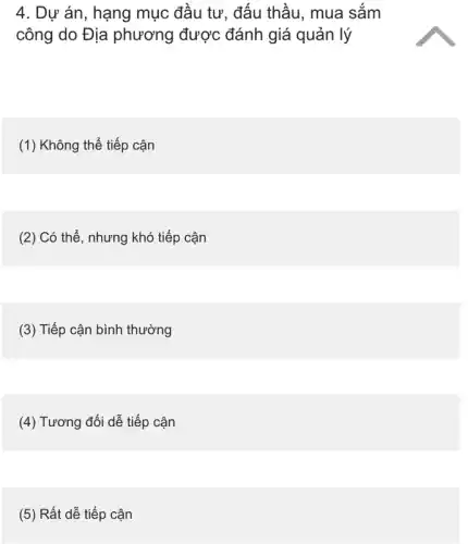 4. Dự án, hạng mục đầu tư, đấu thầu, mua sắm
công do Địa phương được đánh giá quản lý
(1) Không thể tiếp cận
(2) Có thể, nhưng khó tiếp cận
(3) Tiếp cận bình thường
(4) Tương đối dễ tiếp cận
(5) Rất dễ tiếp cận