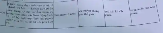 406
Chức nǎng thực tiền của Kinh tế
chính trị Macute (a)c-Lacute (hat (e))ningacute (o)p phần
xây dựng tư duy và tầm nhin, kỳ
nǎng thực hiện các hoạt động kinh/thói quen cá nhân.
tế - xã hội trên mọi lĩnh vực ngành
với
nghề của đời sống xã hội phù hợp
xu hướng chung
của thế giới.
quy luật khách
quan.
sự quản lý của nhà
nước.