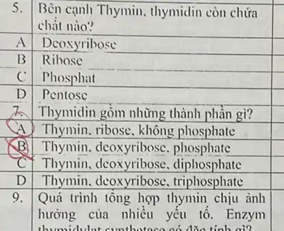 5.
Bèn cạnh Thymin thymidin còn chứa
chát nào?
A
Dcoxyribose
B
square 
square 
D
square 
Thymidin gồm những thành phần gì?
A
Thymin, ribose, không phosphate
B
Thymin.deoxyribosc.phosphate
square 
c
Thymin, deoxyribose diphosphate
square 
D
Thymin. deoxyribose triphosphate
square 
9.
Quá trình tổng hợp thymin chịu ảnh
hưởng của nhiều yếu tố. Enzym
thumidulat sunthatoea có dBe tính qi?