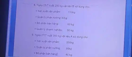 8. Ngày 25/7 xuất 250 kg vật liệu B sử dụng cho
+ Sàn xuất sàn phám:	110kg
+Quần lý phân xưởng 30kg
+Bunderset (.)(hat (o)) phận bán hàng:	60 kg
+ Quản lý doanh nghiệp: 50 kg
9. Ngày 2717 xuất 350 kg vật liệu A sử dụng cho:
+ Sàn xuất sàn phẩm: 200kg
+Quàn lý phân xưởng: 60kg
+ Bộ phận bán hàng	40 kg