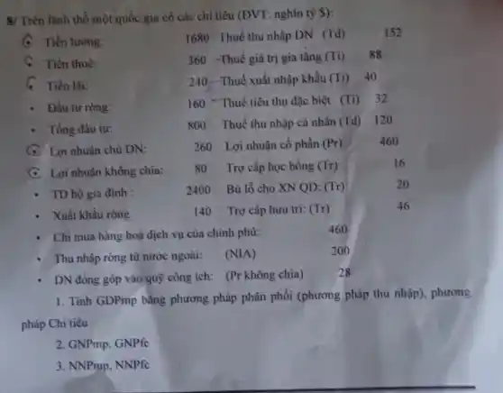 8/ Trên lãnh thổ một quốc gia cỏ các chí tiêu (ĐVT.nghìn tỷ ):
(- Tiền lương:
1680 Thuế thu nhập DN (Td)
152
C. Tiền thuè:	360 -Thuế giá trị gia tǎng (Ti) 88
C Tiền lãi:	240 - Thuế xuất nhập khẩu (Ti) 40
- Dầu tư ròng:
160 Thuế tiêu thụ đặc biệt (Ti) 32
- Tổng đầu tư:
800 Thuế thu nhập cả nhân (Td) 120
C Lợi nhuận chủ DN:
260 Lợi nhuận cổ phần (Pr)
C Lợi nhuận không chia:
80 Trợ cấp học bổng (Tr)
- Xuất khẩu ròng	140 Trợ cấp hưu trí: (Tr)
Chi mua hàng hoá dịch vụ của chinh phủ:
- Thu nhập ròng từ nước ngoài: (NIA)
DN đóng góp vào quỳ công ích: (Pr khồng chia)
1. Tính GDPmp bằng phương pháp phân phối (phương pháp thu nhập).phương
pháp Chi tiêu
2. GNPmp. GNPfc
3. NNPmp, NNPfc