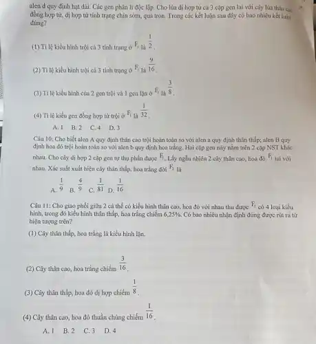 alen d quy định hạt dài. Các gen phân li độc lập.Cho lúa dị hợp tử cả 3 cặp gen lai với cây lúa thân cao
đồng hợp từ, dị hợp từ tính trạng chín sớm, quả tròn.Trong các kết luận sau đây có bao nhiêu kết luận
đúng?
(1) Tỉ lệ kiểu hình trội cả 3 tính trạng ở
F_(1)
là
(1)/(2)
(2) Tỉ lệ kiểu hình trội cả 3 tính trạng ở
F_(1)
là
(9)/(16)
(3) Tỉ lệ kiểu hình của 2 gen trội và 1 gen lặn ở
F_(1)
là
(3)/(8)
(4) Ti lệ kiểu gen đồng hợp tử trội ở F_(1) là
(1)/(32)
A.1 B.2 C. 4 D.3
Câu 10: Cho biết alen A quy định thân cao trội hoàn toàn so với alen a quy định thân thấp; alen B quy
định hoa đỏ trội hoàn toàn so với alen b quy định hoa trắng. Hai cặp gen này nằm trên 2 cặp NST khác
nhau. Cho cây dị hợp 2 cặp gen tự thụ phấn được F_(1) Lấy ngẫu nhiên 2 cây thân cao, hoa đỏ
F_(1)
lai với
nhau. Xác suất xuất hiện cây thân thấp,hoa trắng đời F_(2) là
A. (1)/(9)
B.
(4)/(9)
C.
(1)/(81)
D.
(1)/(16)
Câu 11: Cho giao phối giữa 2 cá thể có kiểu hình thân cao, hoa đỏ với nhau thu được F_(1)
có 4 loại kiểu
hình, trong đó kiểu hình thân thấp, hoa trắng chiếm 6,25%  Có bao nhiêu nhận định đúng được rút ra từ
hiện tượng trên?
(1) Cây thân thấp,hoa trắng là kiểu hình lặn.
(2) Cây thân cao hoa trắng chiếm
(3)/(16)
(3) Cây thân thấp,hoa đỏ dị hợp chiếm
(1)/(8)
(4) Cây thân cao hoa đỏ thuần chủng chiếm
(1)/(16)
A.1 B.2 C.3 D.4