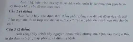 Anh (chị) hãy trình bày kỹ thuật chǎm sóc, quản lý dê trong thời gian đẻ và
kỹ thuật chǎm sóc dê con theo mẹ?
Câu 2 (4 điểm)
Anh (chị) hãy xác định thời điểm phối giống cho dê cái động dục và thời
điểm cạn sữa thích hợp cho dê cái nuôi con? Tại sao phải tiến hành cạn sữa cho dê
cái?
Câu 3 (2 điểm)
Anh (chị) hãy trình bày nguyên nhân, triệu chứng của bệnh cầu trùng ở thỏ,
từ đó đưa ra biện pháp phòng và điều trị bệnh.