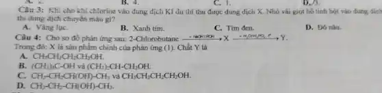 B. 4.
Câu 3: Khi cho khí chlorine vào dung dịch KI du thì thu được dung dịch X. Nhỏ vài giot ho tinh bột vào dung dịch
thi dung dịch chuyển màu gì?
A. Vàng lụC.
B. Xanh tím.
C. Tím đen.
D. Đó nâu.
Câu 4: Cho sơ đồ phản ứng sau: 2-Chlorobutanexrightarrow (+HCOHROH)Xxrightarrow (+H_(2)OHH_(2)PO_(4)^+)Y.
Trong đó: X là sản phẩm chính của phản ứng (1).Chất Y là
A CH_(3)CH_(2)CH_(2)CH_(2)OH.
B. (CH_(3))_(3)C-OH và (CH_(3))_(2)CH-CH_(2)OH.
C. CH_(3)-CH_(2)CH(OH)-CH_(3) và CH_(3)CH_(2)CH_(2)CH_(2)OH.
D. CH_(3)-CH_(2)-CH(OH)-CH_(3)
C. 1.
D. 3.