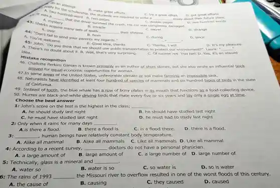 B. make great efforts two-hung scholarship, threak great efforts C.try
C. try a great effort
hundred the B. two-pages
C. double pages
__ essay about their future plans.
D. put great efforts
D. two hundred words
ply attempt
It was a
__
that the driver survived the crash. His car was completely damaged.
A. mystery
A. over
B. miracle
43: Sharks nystery
__ their lifetime.
C. secret
D. strange
fail to send your parents my regards."
C. during
D. since
A. You're welcome
B. from
__ .
B. Good idea, thanks
you think that we should use public transportation to protect our environment?" Laura:"
C. Thanks, I will
A. There's no doubt about it. B. Well,that's very surprising.
C. Of course not You bet! D. Yes It's an absurd
__
idea.
D. It's my pleasure
Mistake recognition
46. Challotte Perkins Gilman is known primarily as an author of short stories, but she also wrote an influential book
argued for equal economic opportunities for women.
47.In some areas of the United States,unfavorable climate or soil make farming an impossible task.
48. Naturalists have identified at least four hundred of species of mammals and six hundred types of birds in the state
of California.
49. Instead of tooth the blue whale has a row of bony plates in its mouth that functions as a food-collecting device.
50. Murres are black and-white driving birds that mate every five or six years and lay only a single egg at time.
Choose the best answer
1: John's score on the test is the highest in the class; __
A. he should study last night
B. he should have studied last night
C. he must have studied last night
D. he must had to study last night
2: Only when it rains for many days __
A.is there a flood.
B. there a flood is.
C. is a flood there.
D. there is a flood.
3: __ human beings have relatively constant body temperature.
A. Alike all mammal
B. Alike all mammals
C. Like all mammals D. Like all mammal
4: According to a recent survey, __ doctors do not have a personal physician.
A. a large amount of
B. large amount of
C. a large number of D. large number of
5: Technically, glass is a mineral and __
A. water so
B. water is so
C. so water is
D. so is water
6: The rains of 1993 __
the Missouri river to overflow resulted in one of the worst floods of this century.
A. the cause of
B. causing
C. they caused
D. caused