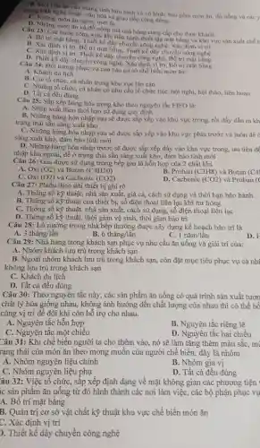 B. Một bùn ǎn vừa mang tinh hữu hình và vô hình; bao gồm món ǎn, đồ uống và các y
mang tinh nghệ thuât , vǎn hóa và giao tiếp cộng đồng.
món ǎn ngon, mới la.
D. Những món ǎn và đồ uống mà nhà hàng cung cấp cho thực khách.
Câu 23:Các bướ công việc khi tiến hành thiết lập mặt bầ ng và khu vực sản xuất chế b
A. Bố trí mặt bằng.Thiết kế dây chuyền công nghê.Xác định vị trí
B. Xác định vị trí.Bố trí mặt bằng,Thiết kế dây chuyền 1 công nghệ
C. Xác định vị trí,Thiết kế dây chuyền công nghệ, Bố trí mặt bằng
D. Thiết kế dây chuyền công nghệ . Xác định vị trí, Bố trí mặt bằng
Câu 24:Đối tương phục vụ của các co sở chế biến món ǎn:
A. Khách du lịch
B. Các tổ chức, cá nhân trong khu vực lân cân
C. Những tổ chức, cá nhân có nhu cầu tổ chức tiệC.hội nghị,hội thảo.liên hoan
D. Tất cả đều đúng
Câu 25:Sắp xếp hàng hóa trong kho theo nguyên tắc FIFO là:
A. Nhập xuât theo thời hạn sử dụng quy định
B. Những hàng hóa nhập sau sẽ được sắp xếp vào khu vực trong, rồi đầy dẫn ra kh
trạng thái sẵn sàng ; xuất kho
C. Những hàng hóa nhập sau sẽ được sắp xếp vào khu vực phía trước và luôn đề c
sàng xuất kho, đảm bảo tính mới
D. Những hàng hóa nhâp trước sẽ được sắp xếp đầy vào khu vực trong, ưu tiên để
nhập khu ngoài, để ở trạng thái sẵn sàng xuất kho. đảm bảo tính mới
Câu 26:Gas được sử dụng ; trong bếp gas là hỗn hợp của 2 chất khí
A. Oxi (O2) và Butan (C4H10)
B. Proban (C3H8) và Butan (C4)
C. Oxi (O2) và Cacbonic (CO2)
D . Cacbonic (CO2) và Proban (C
Câu 27:Phiếu theo dõi thiết bị ghi rõ
A. Thông số kỹ thuật, nhà sản xuất.giá cả,cách sử dung và thời hạn bảo hành.
B. Thông số kỹ thuật của thiết bi, số điện thoại liên lạc khi hư hỏng
C. Thông số kỹ thuật, nhà sản xuất.cách sử dụng, số điện thoại liên lạc
D. Thông số kỹ thuật, thời gian vệ : sinh, thời gian bảo trì
Câu 28:Lò nướng trong nhà bếp thường được xây dựng kế hoạch bảo trì là
C.
A. 3 tháng/lần
B. 6thacute (a)ng/lgrave (hat (a))n
D.F
1ncheck (a)m/lgrave (hat (a))n
Câu 29:Nhà hàng trong khách san phục vụ nhu cầu ǎn uống và giải trí của:
A. Nhóm khách lưu trú trong khách san
B. Ngoài nhóm khách lưu trú trong khách sạn,còn đặt mục tiêu phục vụ cả nhi
không lưu trú trong khách sạn
C. Khách du lich
D. Tất cả đều đúng
Câu 30:Theo nguyên tắc này . các sản phẩm ǎn uống có quá trình sản xuất tươn
chất lý hóa giống nhau.không ảnh hưởng đến chất lượng của nhau thì có thể bố
cùng vị trí để đôi khi còn hỗ trợ cho nhau.
A.Nguyên tắc hỗn hợp
B . Nguyên tắc riêng lẽ
C.. Nguyên tắc một chiều
D . Nguyên tắc hai chiều
Câu 31:Khi chế biến người ta cho thêm vào, nó sẽ làm tǎng thêm màu sắC.mi
rạng thái của món ǎn theo mong muốn của người chế biến, đây là nhóm
A. Nhóm nguyên liêu chính
B. Nhóm gia vị
C. Nhóm nguyên liệu phụ
D. Tất cả đều đúng
âu 32:Việc tổ chức,, sắp xếp đinh dạng về mặt không gian các phương tiên
ic sản phẩm ǎn uống từ đó hình thành các nơi làm việc, các bộ phận phục vụ
A. Bố trí mặt bǎng
B. Quản trị cơ sở vật chất kỹ thuật khu vực chế biến món ǎn
C. Xác định vị trí
). Thiết kế dây chuyền công nghệ