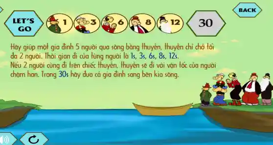 BACK
Hãy gi áp một gia đình 5 người qua sông bằng thuyền, thuyền chi chở tối da giáo a 15.3s.
chậm hơn. Trong 30s hãy duo I cả gia đình sang bên kia sông.
Nếu 2 ngư ài cùng đi trên chiếc thuvền thuyền sẽ đi với vận tốc của người
30