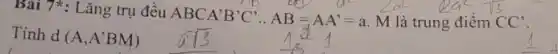 Bai 7*: Lǎng trụ đều
ABCA'B'C'..AB=AA'=a M là trung điểm CC'
Tính d(A,A'BM)