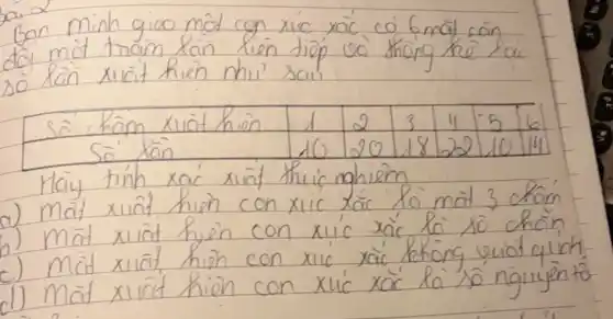 Ban minh gico môt con xúc xác có 6 mât sân dố môt traim lán lien tióp va thong he lai sò lầ xucit hièn nhi' scuii

 Sà hàm xuat hiòn & 1 & 2 & 3 & 11 & 5 & 6 
 Só lán & 10 & 20 & 18 & 22 & 10 & 14 


Haiy tinh xac xiñt thi's nghièm
a) mät xuât hièn con xuic tác la mat 3 chấn
c) mat xuât hièn con xlic xaic không vuiot quic
d) mat xuât hièn con xúc xàc là só nguyên