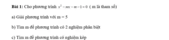 Bài 1: Cho phương trình x^2-mx-m-1=0 ( m là tham số)
a) Giải phương trình với m=5
b) Tìm m để phương trình có 2 nghiệm phân biệt
c) Tìm m để phương trình có nghiệm kép