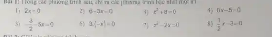 Bài 1: Trong các phương trình sau, chi ra các phương trình bậc nhất một ǎn
1) 2x=0
2) 6-3x=0
3) x^2+8=0
4) 0x-5=0
5) -(3)/(2)-5x=0
6) 3.(-x)=0
7) x^2-2x=0
8) (1)/(2)x-3=0