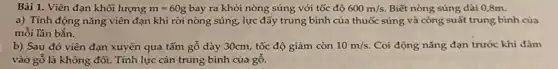 Bài 1. Viên đạn khối lượng m=60g bay ra khỏi nòng súng với tốc độ 600m/s Biết nòng súng dài 0,8m.
a) Tính động nǎng viên đạn khi rời nòng súng, lực đẩy trung bình của thuốc súng và công suất trung bình của
mỗi lần bắn.
b) Sau đó viên đạn xuyên qua tấm gỗ dày 30cm, tốc độ giảm còn 10m/s Coi động nǎng đạn trước khi đâm
vào gỗ là không đối. Tính lực cản trung bình của gỗ.