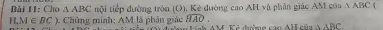 Bài 11: Cho Delta ABC nội tiếp đường tròn (O) Kẻ đường cao AH và phân giác AM của Delta ABC(
H,Min BC) . Chứng minh: AM là phân giác hat (HAO)