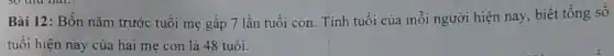 Bài 12: Bốn nǎm trước tuổi mẹ gấp 7 lần tuổi con Tính tuổi của mỗi người hiện nay, biết tổng số
tuổi hiện nay của hai mẹ con là 48 tuổi.