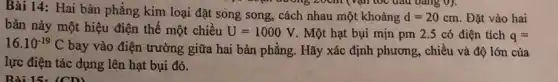 Bài 14: Hai bản phẳng kim loại đặt sông song, cách nhau một khoảng
d=20cm Đặt vào hai
hoạn đường 20cm (vận lọc đâu vàng 0).
bản này một hiệu điện thế một chiều U=1000V Một hạt bụi mịn pm 2.5 có điện tích q=
16.10^-19C
bay vào điện trường giữa hai bản phẳng.Hãy xác định phương,chiều và độ lớn của
lực điện tác dụng lên hạt bụi đó.
Bài 15: (CD)