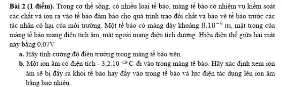 Bài 2 (1 điểm). Trong cơ thể sống , có nhiều loại tế bảo, mảng tế bào có nhiệm vụ kiểm soát
các chất và ion ra vào tế bảo đảm bảo cho quá trình trao đôi chất và bảo vệ tế bào trước các
tác nhân có hại của môi trường. Một tế bào có mảng dày khoảng 8.10^-9m mặt trong của
màng tế bào mang điện tích âm, mặt ngoài mang điện tích dương. Hiệu điện thế giữa hai mặt
này bằng 0,07V
a. Hãy tính cường độ điện trường trong màng tê bảo trên
b. Một ion âm có điện tích -3,2cdot 10^-19C đi vào trong mảng tế bào. Hãy xác định xem ion
âm sẽ bị đầy ra khỏi tế bào hay đây vào trong tế bảo và lực điện tác dụng lên ion âm
bằng bao nhiêu.