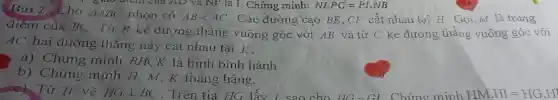 Bài 2. Cho ","B":" GiCHI của AD và NP là I.Chứng minh:
Delta ABC nhọn có ABlt AC . Các đường cao BE , CF cắt nhau tại H.Gọi M là trung
điêm của BC. Từ B kẻ đường thẳng vuông góc với AB và từ C kẻ đường thẳng vuông góc với
AC hai đường thẳng này cắt nhau tại K.
a) Chứng minh BH CK là hình bình hành
b) Chứng minh H, M, K thẳng hàng.
vẽ HGbot BC They go shopping for lots of food and get presents ready