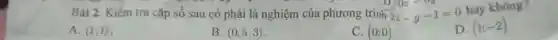 Bài 2. Kiểm tra cặp số sau có phải là nghiệm của phương trình 2x-y-1=0 hay không?
A. (1;1)
B. (0,5;3)
C. (0;0)
D. (1;-2)