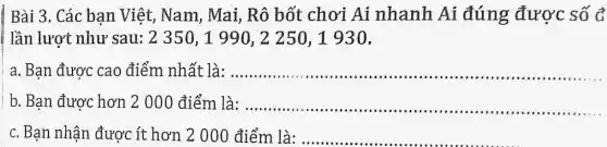 Bài 3. Các ban Việt, Nam , Mai, Rô bốt chơi Ai nhanh Ai đúng được : số đ
lần lượt như sau: 2 350, 1990, 2 250, 1930.
a. Bạn được cao điểm nhất là: __
b. Bạn được hơn 2	__
Bạn nhận được ít hơn	__