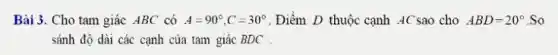 Bài 3. Cho tam giác ABC có A=90^circ ,C=30^circ  . Điểm D thuộc cạnh AC sao cho ABD=20^circ  So
sánh độ dài các cạnh của tam giác BDC