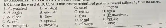 BI PHONETICS - YUCABULARY -GRAIN
I/ Choose the word A, B, C, or D that has the underlined part pronounced differently from the others.
1. A. watched
B. washed
C. hated
D . stopped
2. A. snake
B. educate
C. racing
D . castle
3. A. those
B. they
C. than
D. Thanksgiving
4. A.seat
B . spread
C. ahead
D healthy
5. A. transports
B. bicycles
C. railways
D. obeys