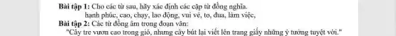 Bài tập 1: Cho các từ sau, hãy xác định các cặp từ đồng nghĩa.
hạnh phúc, cao, chạy , lao động, vui vẻ,to, đua, làm việc,
Bài tập 2: Các từ đồng âm trong đoạn vǎn:
"Cây tre vươn cao trong gió, nhưng cây bút lai viết lên trang giấy những ý tưởng tuyệt vời."