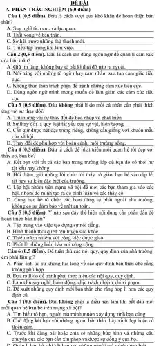 ĐỀ BÀI
A. PHÀN TRẮC NGHIỆM ( (6,0 điểm)
Câu 1 (0,5 điểm). Đâu là cách vượt qua khó khǎn để hoàn thiện bản
thân?
A. Suy nghĩ tích cực và lạc quan.
B __
disappointed
C. Sơ hãi trước những thử thách mới.
D. Thiếu tập trung khi làm việC.
Câu 2 (0.5 điểm). Đâu là cách em dùng ngôn ngữ để quản lí cảm xúc
của bản thân?
A. Giữ im lặng, không ; bày tỏ bất kì thái độ nào ra ngoài.
B. Nói nǎng với những từ ngữ nhạy cảm nhǎm xua tan cảm giác tiêu
__
C. Không than thân trách phận để tránh những cảm xúc tiêu cựC.
D. Dùng ngôn ngữ mình mong muốn để làm giảm các cảm xúc tiêu
__
Câu 3 (0,5 điểm). Đâu không phải lí do mỗi cá nhân cần phải thích
ứng với sự thay đổi?
A. Thích ứng với sự thay đổi để hòa nhập và phát triển
B. Sự thay đổi là quy luật tất yếu của sự vật.hiện tượng.
C. Cần giữ được nét đặc trưng riêng,, không cân giống với khuôn mẫu trục nếu đặc trung nêng .Hông cản gồng với Hunnin
__
D. Thay đổi để phù hợp với hoàn cảnh, môi trường sống.
Câu 4 (0,5 điểm). Đâu là cách để phát triển mối quan hệ tốt đẹp với
thầy cô, ban bè?
A. Kết ban với tất cả các bạn trong trường lớp dù ban đó có thói hư
tật xấu hay không.
B. Hỏi thǎm, gửi những lời chúc tới thầy cô giáo, bạn bè vào dịp lễ,
tết hay sự kiện đặc biệt của trường.
C. Lập hội nhóm trên mạng xã hội để mời các ban tham gia vào các
hội, nhóm do mình tạo ra để bình luận về các thầy cô.
D. Cùng bạn bè tô chức các hoạt động tự phát ngoài nhà trường,
không có sự đảm bảo về mặt an toàn.
Câu 5 (0.5 điểm). Ý nào sau đây thể hiện nội dung cần phấn đấu để
hoàn thiên bản thân?
A. Tập trung vào việc tạo dựng sự nổi tiếng.
B. Hình thành thói quen rèn luyện sức khỏe.
C. Thiếu trách nhiệm với công việc được giao.
D. Phớt lờ những biển báo nơi công cộng.
Câu 6 (0,5 điểm). Để tuân thủ các nội quy,quy định của nhà trường,
em phải làm gì?
A. Phản ánh lại sự không hài lòng về các quy định bản thân cho rằng
không phù hợp.
B. Đưa ra lí do đê tránh phải thực hiện các nội quy,quy định.
C. Làm chủ suy nghĩ,, hành động , chịu trách nhiệm khi vi phạm.
D. Đề xuất những quy đinh mới bản thân cho rǎng ; hợp lí hơn các quy
__
Câu 7 (0,5 điểm). Đâu không phải là điều nên làm khi bắt đầu một
mối quan hệ ban bè trên mang xã hội?
A. Tìm hiểu rõ ban., người mà . mình muốn xây dựng tình ban cùng.
B. Chủ động kết ban với những người bản thân thấy xinh đẹp hoǎc có
__
C. Trước khi đǎng bài hoặc chia sẻ những bức hình và những câu
chuyện của các ban cần xin phép và được sư đồng ý của ho.
D Quản lí han bè chỉ lết hơn với hững người mi minh quen hiết