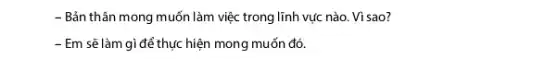 - Bản thân mong muốn làm việc trong lĩnh vực nào. Vì sao?
- Em sẽ làm gì để thực hiện mong muốn đó.