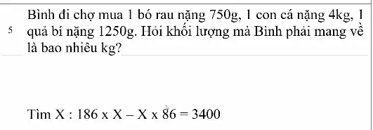 Bình đi chợ mua 1 bó rau nặng 750g, 1 con cá nặng 4kg, 1
5 quả bí nặng 1250g . Hỏi khối lượng mà Bình phải mang vê
là bao nhiêu kg?
Tìm X : 186times X-Xtimes 86=3400