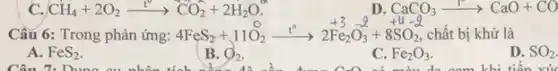 C CH_(4)+2O_(2)xrightarrow (t^circ )CO_(2)+2H_(2)O
D. CaCO_(3)arrow CaO+CO
Câu 6: Trong phản ứng:4FeSz+1102 4FeS_(2)+11O_(2)xrightarrow (t^circ )2stackrel (+3)(F)_(2)stackrel (+2)(O)_(3)+8SO_(2) chất bị khử là
A. FeS_(2)
B. O_(2)
Children are the bag, library dictionary ninety next behind horse
C. Fe_(2)O_(3)
D. SO_(2)