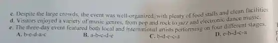C. Despite the large crowds, the event was well-organized ,with plenty of food stalls and clean facilities
d. Visitors enjoyed a variety of music genres.from pop and rock to jazz and electronic dance musiC.
e. The three-day event featured both local and internationa I artists performing on four different stages.
A. b-e-d-a-c
B. a-b-c-d-e
C. b-d-e-c-a
D. e-b-d-c-a
F