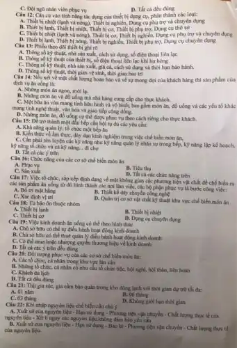 C. Đội ngũ nhân viên phục vụ
D. Tất cả đều đúng
Câu 12: Cǎn cứ vào tính nǎng tác dụng của thiết bị dụng cụ, phân thành các loại:
A. Thiết bị nhiệt (lạnh và nóng), Thiết bị nghiền,Dụng cụ phụ trợ và chuyên dụng
B. Thiết bị lạnh, Thiết bị nhiệt, Thiết bị cơ, Thiết bị phụ trợ, Dụng cụ thô sơ
C. Thiết bị nhiệt (lạnh và nóng), Thiết bị cơ, Thiết bị nghiền, Dụng cụ phụ trợ và chuyên dụng
D. Thiết bị lạnh, Thiết bị nóng, Thiết bị nghiền,Thiết bị phụ trợ,Dụng cụ chuyên dụng
Câu 13: Phiếu theo dõi thiết bị ghi rõ
A. Thông số kỳ thuật, nhà sản xuất.cách sử dụng, số điện thoại liên lạc
B. Thông số kỹ thuật của thiết bị,số điện thoại liên lạc khi hư hòng
C. Thông số kỹ thuật, nhà sản xuất.giá cả, cách sử dụng và thời hạn bảo hành.
D. Thông số kỹ thuật, thời gian vệ sinh, thời gian bảo trì
Câu 14: Nếu xét về mặt chất lượng hoàn hào và về sự mong đợi của khách hàng thì sản phẩm của
dịch vụ ǎn uống là:
A. Những món ǎn ngon,mới lạ.
B. Những món ǎn và đồ uống mà nhà hàng cung cấp cho thực khách.
C. Một bữa ǎn vừa mang tính hữu hình và vô hình;bao gồm món ǎn,đồ uống và các yếu tố khác
mang tính nghệ thuật,vǎn hóa và giao tiếp cộng đồng.
D. Những món ǎn, đồ uống cụ thể được phục vụ theo cách riêng cho thực khách.
Câu 15: Để trở thành một đầu bếp cần hội tụ đủ các yêu cầu:
A. Khả nǎng quản lý, tổ chức một bếp ǎn
B. Kiến thức về ẩm thực, dày dạn kinh nghiệm trong việc chế biến món ǎn,
C. Cần phải rèn luyện các kỹ nǎng như kỹ nǎng quản lý nhân sự trong bếp, kỹ nǎng lập kế hoạch,
kỹ nǎng tổ chức và cả kỹ nǎng. __ đi chợ
D. Tất cả các ý trên
Câu 16: Chức nǎng của các cơ sở chế biến món ǎn
A. Phục vụ
B. Tiêu thụ
C. Sản xuất
D. Tất cả các chức nǎng trên
Câu 17: Việc tổ chứC., sắp xếp định dạng về mặt không gian các phương tiện vật chất để chế biến ra
các sản phẩm ǎn uống từ đó hình thành các nơi làm việc, các bộ phận phục vụ là bước công việc:
A. Bố trí mặt bằng
B. Thiết kế dây chuyền công nghệ
C. Xác định vị trí
D. Quản trị cơ sở vật chất kỹ thuật khu vực chế biến món ǎn
Câu 18: Tủ bảo ôn thuộc nhóm
A. Thiết bị lạnh
B. Thiết bị nhiệt
C. Thiết bị cơ
D. Dụng cụ chuyên dụng
Câu 19: Việc kinh doanh ǎn uống có thể theo hình thức
A. Chủ sở hữu có thể tự điều hành hoạt động kinh doanh
B. Chủ sở hữu có thể thuê quản lý điều hành hoạt động kinh doanh
C. Có thể mua hoặc nhượng quyền thương hiệu về kinh doanh
D. Tất cả các ý trên đều đúng
Câu 20: Đối tượng phục vụ của các cơ sở chế biến món ǎn:
A. Các tổ chức, cá nhân trong khu vực lân cận
B. Những tổ chức,cá nhân có nhu cầu tổ chức tiệc,hội nghị, hội thảo,liên hoan
C. Khách du lịch
D. Tất cả đều đúng
Câu 21: Thịt gia súc, gia cầm bảo quản trong kho đông lạnh với thời gian dự trữ tối đa:
A. 01 nǎm
B. 06 tháng
C. 03 tháng
D. Không giới hạn thời gian
Câu 22: Khi nhập nguyên liệu chế biến cần chú ý
A. Xuất sứ của nguyên liệu - Hạn sử dụng - Phương tiện vận chuyển - Chất lượng thực tế của
nguyên liệu - Xử lí ngay các nguyên liệu không đảm bảo yêu cầu
B. Xuất sứ của nguyên liệu - Hạn sử dụng - Bao bì - Phương tiện vận chuyển - Chất lượng thực tế
của nguyên liệu.