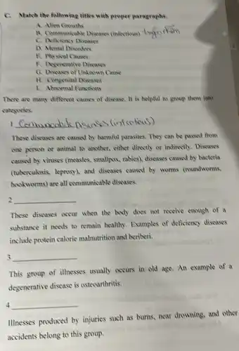 C. Match the following titles with proper paragraphs.
A. Alien Growths
B. Communicable Discases (infectious) -
C. Deficiency Disease
D. Mental Disonders
B. Physical Causes
R. Dygenerative Discases
G. Diseases of Unknown Cause
II. Congenital Diseases
1. Abnormal Functions
There are many different causes of disease. It is helpful to group them into
categories.
These diseases are caused by harmful parasites. They can be passed from
one person or animal to another, either dinnerly or indirectly. Diseases
caused by viruses (measles, smallpox, rabies)diseases caused by bacteria
(tuberculosis, leprosy)and diseases caused by worms croundworms.
hookworms) are all communicable diseases.
__ 2
These diseases occur when the body does not receive enough of a
substance it needs to remain healthy.Examples of deficiency diseases
include protein calorie malnutrition and beriberi.
3 __
This group of illnesses usually occurs in old age.An example of a
degenerative disease is osteoarthritis.
4underline ( )
Illnesses produced by injuries such as burns.near drowning,and other
accidents belong to this group.