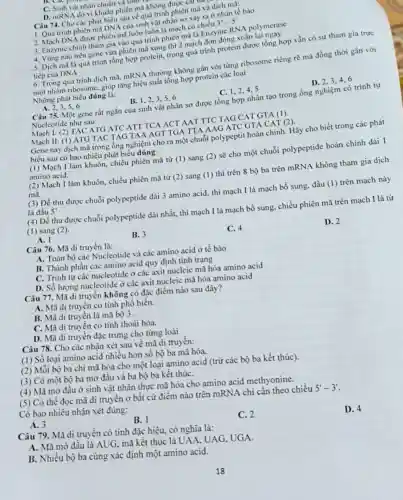 C. Sinh vật nhân chuẩn và sim
D. mRNA do vi khuẩn phiên mã không được cat
Câu 74. Cho các phát biểu sau về quá trình phiên mã và dịch mã:
1. Quá trình phiên mã DNA cùa sinh vật nhân sơ xảy ra ở nhân tế bào
2. Mach DNA được phiên mã luôn luôn là mạch có chiều
3'-5'
3. Enzyme chinh tham gia vào quá trình phiên mã là Enzyme RNA polymerase
4. Vùng nào trên gene vừa phiên mã xong thì 2 mạch đơn đóng xoắn lại ngay
5. Dịch mã là quá trình tổng hợp protein, trong quá trình protein được tổng hợp vẫn có sự tham gia trực
tiếp của DNA
6. Trong quá trình dịch mã, mRNA thường không gắn với từng ribosome riêng rẽ mà đồng thời gắn với
một nhóm ribosome giúp tǎng hiệu suất tổng hợp protein các loại
Những phát biểu đúng là:
A. 2,3,5,6
B. 1,2,35.6
C.1.2.4.5
D. 2.3.4,6
Câu 75. Một gene rất ngắn của sinh vật nhân sơ được tổng hợp nhân tạo trong ống nghiệm có trình tự
Nucleotide như sau:
Mạch 1: (2) TAC ATG ATC ATT TCA ACT AAT TTC TAG CAT GTA (1).
Mạch II: (1) ATG TAC TAG TAA AGT TGA TTA AAG ATC GTA CAT (2)
Gene này dịch mã trong ống nghiệm cho ra một chuỗi polypeptit hoàn chinh. Hãy cho biết trong các phát
biểu sau có bao nhiêu phát biểu đúng:
(1) Mạch I làm khuôn, chiều phiên mã từ (1) sang (2)sẽ cho một chuỗi polypeptide hoàn chinh dài 1
amino acid.
(2) Mạch I làm khuôn, chiều phiên mã từ (2) sang (1)thì trên 8 bộ ba trên mRNA không tham gia dịch
mã.
(3) Để thu được chuỗi polypeptide dài 3 amino acid, thì mạch I là mạch bổ sung, đầu (1)trên mạch này
là đầu 5'
(4) Để thu được chuỗi polypeptide dài nhất, thì mạch I là mạch bổ sung, chiều phiên mã trên mạch I là từ
(1) sang (2)
A. I
B. 3
C. 4
D. 2
Câu 76. Mã di truyền là:
A. Toàn bô các Nucleotide và các amino acid ở tế bào
B. Thành phần các amino acid quy định tính trạng
C. Trình tự các nucleotide ở các axit nucleic mã hóa amino acid
D. Số lượng nucleotide ở các axit nucleic mã hóa amino acid
Câu 77. Mã di truyền không có đặc điểm nào sau đây?
A. Mã di truyền có tính phổ biến.
B. Mã di truyền là mã bộ 3.
C. Mã di truyền có tính thoái hóa.
D. Mã di truyền đặc trưng cho từng loài
Câu 78. Cho các nhận xét sau về mã di truyền:
(1) Số loại amino acid nhiều hơn số bộ ba mã hóa.
(2) Mỗi bộ ba chi mã hóa cho một loại amino acid (trừ các bộ ba kết thúc).
(3) Có một bộ ba mở đầu và ba bộ ba kết thúC.
(4) Mã mở đầu ở sinh vật nhân thực mã hóa cho amino acid methyonine.
(5) Có thể đọc mã di truyền ở bất cứ điểm nào trên mRNA chi cần theo chiều
5'-3'
Có bao nhiêu nhận xét đúng:
A. 3
B. 1
C. 2
D. 4
Câu 79. Mã di truyền có tính đặc hiệu, có nghĩa là:
A. Mã mở đầu là AUG, mã kết thúc là UAA, UAG UGA.
B. Nhiều bộ ba cùng xác định một amino acid.