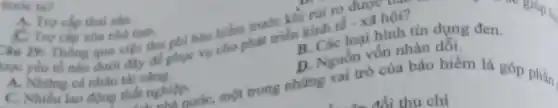 C. Trợ cấp xóa nhà tam. Câu 29: Thống qua việc thu phí báo hiểm hắt trị khi rui ro disa hoi?
B.(ch) loại hình tín dụng đen.
học yếu tố nào dưới tốc thị phục vụ cho phát triển kinh tế
A. Những cá nhân tài nǎng.
C. Nhiếu lao động thát nghiệp.
nước ta?
A. Tro cap thai san.
vốn nhàn dồi.
D. Nguồng của bảo hiểm là góp phần