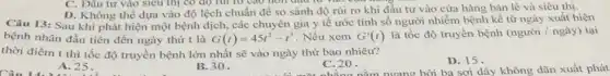C. Đâu tư vào siêu thị có độ run to cao non
D. Không thể dựa vào độ lệch chuẩn đề so sánh độ rủi ro khi đầu tư vào cửa hàng bán lẻ và siêu thị.
Câu 13: Sau khi phát hiện một bệnh dịch, các chuyên gia y tế ước tính số người nhiễm bệnh kể từ ngày xuất hiện
bệnh nhân đầu tiên đến ngày thứ t là G(t)=45t^2-t^3 . Nếu xem G'(t) là tốc độ truyền bệnh (người / ngày)tại
thời điểm t thì tốc độ truyền bệnh lớn nhất sẽ vào ngày thứ bao nhiêu?
Câu 14. A.25.
A. 25.
B. 30	C. 20.
bởi ba sợi dây không dãn xuất phát
D. 15.