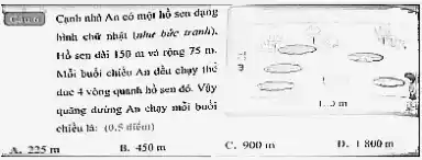 Canh nhà An có một hồ sen dụng
hình chữ nhật (như bức tranh).
Hỏ sen dili 150 m và rộng 75
Mỗi buổi chiều An dầu chay the
due 4 vòng quanh hở sen đó. Vậy
quãng dường An cho)mòi buói
chiều là: (0,5 diếnt)
A. 225 m
B. 450 m
C. 900 in
1). I 800 tn