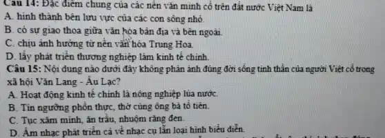 Cau 14: Đặc đièm chung của các nên vǎn minh cố trên đất nước Việt Nam là
A. hinh thành bên lưu vực của các con sông nhô.
B. có sự giao thoa giữa vǎn kóa bản địa và bên ngoài
C. chiu ảnh hướng từ nền vǎn hóa Trung Hoa
D. lấy phát triển thương nghiệp làm kinh tế chính
Câu 15: Nội dung nào dưới đây không phản ánh đúng đời sống tinh thần của người Việt cổ trong
xã hội Vǎn Lang - Âu Lac?
A. Hoạt động kinh tế chính là nông nghiệp lúa nướC.
B. Tín ngưỡng phồn thực, thờ cúng ông bà tổ tiên
C. Tục xǎm minh. ǎn trâu nhuộm rǎng đen
D. Âm nhạc phát triển cả về nhạc cụ lẫn loại hình biểu diễn.