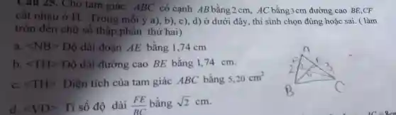 Cau 25.Cho tam giác ABC có canh AB bằng 2 cm.. AC bằng 3 cm đường cao BE .CF
cắt nhau ở H. Trong mỗi ý a), b),c), d) ở dưới đây, thí sinh chọn đúng hoặc sai. ( làm
tròn đến chữ số thập phân thứ hai)
a. lt NBgt Dhat (o) dài đoạn AE bằng 1 .74 cm
b. lt THgt Dhat (o) dài đường cao BE bằng 1,74 cm.
C. langle THrangle  Diện tích của tam giác ABC bằng
5,20cm^2
d.
langle VDrangle  Tỉ số độ dài (FE)/(BC) bằng sqrt (2)cm