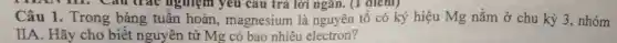 Cau tra nghiệm yêu cầu trả lời ngǎn. (1 điểm)
Câu 1.Trong bảng tuần hoàn, magnesium là nguyên tố có ký hiệu Mg nằm ở chu kỳ 3,nhóm
IIA. Hãy cho biết nguyên từ M g có bao nhiêu electron?