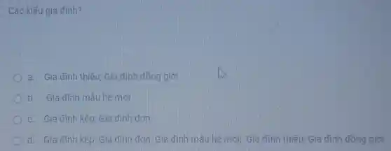 Các kiếu gia đình?
a. Gia đình thiếu: Gia đình đồng giới
b. Gia đình mẫu hệ mới
c. Gia đình kép;Gia đình đơn
d. Gia đình kép; Gia đình đơn; Gia đinh mâu hệ mới, Gia đình thiếu; Gia định đồng giới