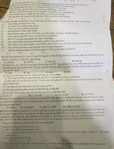 các phát biểu dưới đây có bao nhiêu phát biểu không đúng khi nói về NST caa sinh vật nhân thực?
thước của NST trong bộ NST phân ảnh trình độ tiến hóa của loài.
Khác nhau luôn luôn có số lượng NST trong bộ NST khác nhau.
NST đặc trưng về số lượng, hình dạng và câu trúC.
Kich thuroc cua NST trong bộ NST tỷ lệ thuận với kich thước của cơ thể sinh vật.
NST gioi tinh ch có ở tế bào sinh dục, không có ở tế bào sinh durong.
Gen quy định tinh trạng giới tinh nằm trên cả NST giới tính và NST thường.
B. 3.	C. 4.	D. 5.
A. 2.
SI: Trong các nhận xét dưới đây, có bao nhiêu nhận xét không đúng về cấu trúc của NST ở sinh vật nhân thực?
(1) Soi co ban có đường kính II nm.
(2) Sợi nhiếm sắc có đường kính 300 nm.
(3) Vùng xếp cuốn có đường kính 30nm.
(4) Một cromatit có đường kinh 700 nm.
(5) Một nuclêxôm được cấu tạo bởi 8 phân tử prôtêin histôn và khoảng 146 cặp nucleotit.
(6)
Don vị cấu tạo nên NST ở sinh vật nhân thực là nuclêôxôm.
(7) Một NST kép gồm hai crômatit dinh nhau ở tâm động.
(8) Một crómatit được cấu tạo bởi một phân từ ADN và các nuclêôxôm.
(9) Tâm động là vị trí đỉnh với thoi vô sắc để NST phân li về hai cực của tế bào trong quá trình phân bảo.
(10)Hai crômatit dinh nhau ở tâm động goi là hai crômatit cùng nguồn.
Giữa hai nuclêôxôm liền kề là một đoạn phân tử ADN và một phân tử prôtêin HI.
A. 7.
B. 2
C. 5.
D. 3.
52: Mỗi tế bào lường bội ở 1 loài có 4 cặp NST chứa tất cà
283times 10^6 cặp nuclêôtit. Ở kì giữa, chiều dài trung bình của mỗi
NST là 2 jum, thì các ADN đã co ngǎn khoảng
B. 1000 lần.
C. 8000 lần
D. 6000 lần.
A. 4000 lần.
53: Một tế bào xét 1 cặp NST tương đồng. Giả sử trong mỗi NST, tổng chiều dài các đoạn ADN quấn quanh các khối cầu
histon để tạo nên các nuclêôxôm là 12,41 jum Tính theo lí thuyết.tổng số các phân từ protein histon trong các nuclêôxôm
của cặp NST này là
A. 4000
C. 8000
D. 6000
B. 2000
54: Khi nói vé tâm động của NST,những phát biểu nào sau đây đúng?
(1) Tâm động là trình tự nuclêôtit đặc biệt, mỗi NST có duy nhất một trình tự nuclêôtit này.
(2) Tâm động là vị trí liên kết của NST với thoi phân bào, giúp NST có thể di chuyển về các cực của tế bào trong
quá trình phân bào.
(3) Tâm động bao giờ cũng nằm ở đầu tận cùng của NST.
(4) Tâm động là những điểm mà tại đỏ ADN bắt đầu tự nhân đôi.
(5) Tuỳ theo vị trí của tâm động mà hình thái của NST có thể khác nhau.
1. (3), (4), (5)
B. (1), (3),(4)
C. (2), (3)(4)
D. (1),2). (5)
6.Ở một loài có bộ NST 2n=4 Ký hiệu A, a là cặp NST thứ nhất: B, b là cặp NST thứ hai. Quá trình nguyên phân
ủa một tế bào của loài này xảy ra rối loạn do thoi vô sắc không hình thành. Bộ NST của tế bào con được tạo ra sau quá
rình nguyên phân trên là
A. AaBb.
B. AAaaBBbb.
C. aabb và AABB.
D. AAbb và aaBB.
18,Ở một loài động vật lưỡng bội, 10 tế bào sinh dục của một cơ thể nguyên phân liên tiếp một số đợt bằng nhau đã
lồi hỏi môi trường nội bào cung cấp nguyên liệu tương đương 2480 NST đơn. Các tế bào con đều trài qua vùng sinh
rưởng bước vào vùng chín, giảm phân tạo nên các giao từ.môi trường nội bào đã cung cấp thêm nguyên liệu để tạo
nên 5120NST đơn. Hiệu suất thụ tỉnh của giao tử là 10%  và đã tạo nên 128 hợp từ lường bội bình thường.
Trong các kết luận sau, có bao nhiêu kết luận không đúng?
(1) Bộ NST lường bội của loài là 2n=16
(2) Mỗi tế bào sinh dục nguyên phân 3 lần.
()) Trong tổng số tế bào con mang bộ NST 2n được hình thành từ quá trình nguyên phân có tổng số 2560 chuôi
polinuclêôtit.
(4) Cơ the dang xét là cơ thể cai.
A. I
B. 2
C. 3.
D. 4
59.Theo li thuyết, qui trình giảm phân bình thường ở cơ thể có kiểu gen AaBBDd tạo ra tối đa bao nhiêu loại giao từ?
A. 8.	B. 2
C.A.
D. 6.