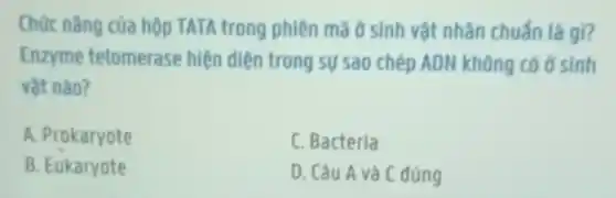 Chức nǎng của hộp TATA trong phiên mã ở sinh vật nhân chuấn là gi?
Enzyme telomerase hiện diện trong sự sao chép ADN không có ở sinh
vật nào?
A. Prokaryote
C. Bacteria
B Eukaryote
D. Câu A và C đúng