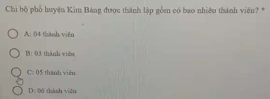 Chi bộ phố huyện Kim Bảng được thành lập gồm có bao nhiêu thành viên?
A: 04 thành viên
B: 03 thành viên
C: 05 thành viên
D: 06 thành viên