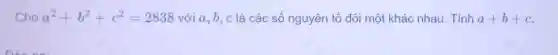 Cho a^2+b^2+c^2=2838 với a, b, c là các số nguyên tố đôi một khác nhau. Tính a+b+c