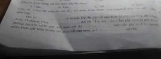 Chu 19. Loai động vật nào dưới đây đe trung?
(C) Vit
D. Nera
A. Ghu
B. Mèo
Câu 20. Chon tư cụm từ mil dốc,xói mòn, thiên nhiên con nguor de dien vào chb... the
phù hop.
Dat bi __ sẽ bị mất lớp đất trên bề mạt hoặc bị phá húy
dưới. Ở những vùng .......
__ trực tiếp gây ra.Các nguyên những nguyên nhân
__
đất rất dễ bị xói mòn. Chật phá rừng là một tron.
nhân khác gây hiện tượng xói mòn dất như mưa, gió .. __ gây ra.
C