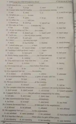 > CĐNP trọng tâm:TEST OF Subjective Mood
19. It's time for you __ bed.
A. go
B. to go
C. went
D. going
20. I would rather that the weather __ ...fine tomorrow morning.
A. was
B. were
C. is
D. A and B are right
21. I'd rather you .... __ .................. by train.
A. went
B goes
C. to go
D. going
22. I'd rather she .. __ with you.
A. doesn't go
B. don't go
C. weren't go
D. didn't go
23. She walks as if she __ a wooden leg.
A. has
B. have
C. had
D. have had
24. He ate his dinner as if he __ for a week.
A. didn't eat
B. doesn't eat
C. hadn't eaten
D. hasn't eaten
25. I wish you......	him my phone number. __
A. won't give
B. can't give
C. didn't give
D. not give
26. I wish I .... __ my work last night.
A. finish
B. had finished
C. finished
D. would finished
27. I would rather you __ ....in here.
A. don't smoke
B. weren't smoke
C. hadn't smoke
D. didn't smoke
28. Yesterday I didn't go there. I wish I __ there
A. went
B. have gone
C. go
D. had gone
29. Minh's Mother would rather __ ...her friend last week.
A. met
B. meeting
C. have met
D. had met
30. They don't have a car. They wish they __ car
A. have
B. to have
C. had
D. having
31. It is crucial that you __ there before Tom arrives.
A. are
B. be
C. was
D. were
32. It is important that she __ the meeting.
A. to attend
B. attending
C. attend
D. attended
33. It is recommended that he __ a gallon of water with him.
A. take
B. took
C. taking
D. takes
34. The boss insisted that Sam __ at the meeting.
A. isn't
B. weren't
C. wasn't
D. not be
35. The company asked that employees __ personal calls during business hours.
A. don't accept
B. didn't accept
C. not accept
D. haven't accepted
36. I suggest that you __ .the job without renegotiating the salary.
A. not take
B. don't take
C. didn't take
D. haven't take
37. Jake recommended that Susan __ ...immediately.
A. be hired
B. is hired
C. was hired
D. are hired
38. Christine demanded that I __
to take part in the negotiations.
A. is allowed
B. be allowed
C. allowed
D. was allowed
39. We suggested that you __ to the organization.
A. are admitted
B. were admitted
C. be admitted
D. have been admitted
40. It is important that you __ .there when he gets off the plane.
A. are standing
B. am standing
C. be standing
D. was standing
Tài liệu ôn thi THPTO