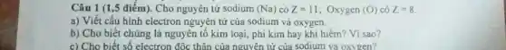 Câu 1 (1,5 điểm)Cho nguyên tử sodium (Na) có Z=11 ; Oxygen (O) có Z=8
a) Viết cấu hình electron nguyên tử của sodium và oxygen
b) Cho biết chúng là nguyên tố kim loại, phi kim hay khí hiếm? Vì sao?
c) Cho biết số electron độc thân của nguyên tử của sodium và oxygen?