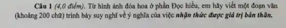 Câu 1 (4,0 điểm).. Từ hình ảnh đóa hoa ở phần Đọc hiểu, em hãy viết một đoạn vǎn
(khoảng 200 chữ)trình bày suy nghĩ về ý nghĩa của việc nhận thức được giá trị bản thân.