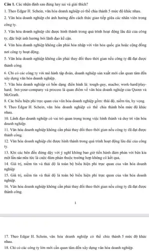 Câu 1. Các nhận định sau đúng hay sai và giải thích?
1. Theo Edgar H Schein, vǎn hóa doanh nghiệp có thể chia thành 5 mức độ khác nhau.
2. Vǎn hóa doanh nghiệp chỉ ảnh hưởng đến cách thức giao tiếp giữa các nhân viên trong
công ty.
3. Vǎn hóa doanh nghiệp chỉ được hình thành trong quá trình hoạt động lâu dài của công
ty, đặc biệt ảnh hưởng bởi lãnh đạo kế cận.
4. Vǎn hóa doanh nghiệp không cần phải hòa nhập với vǎn hóa quốc gia hoặc cộng đồng
nơi công ty hoạt động.
5. Vǎn hóa doanh nghiệp không cần phải thay đổi theo thời gian nếu công ty đã đạt được
thành công.
6. Chỉ có các công ty với mô hình tập đoàn, doanh nghiệp sản xuất mới cần quan tâm đến
xây dựng vǎn hóa doanh nghiệp.
7. Vǎn hóa doanh nghiệp có bốn dạng điền hình là: tough-guy,macho; work-hard/play-
hard; bet-your-company và process là quan điểm về vǎn hóa doanh nghiệp của Quinn và
McGrath.
8. Các biểu hiện phi trực quan của vǎn hóa doanh nghiệp gồm: thái độ, niềm tin, hy vọng.
9. Theo Edgar H Schein, vǎn hóa doanh nghiệp có thể chia thành bốn mức độ khác
nhau.
10. Lãnh đạo doanh nghiệp có vai trò quan trọng trong việc hình thành và duy trì vǎn hóa
doanh nghiệp.
11. Vǎn hóa doanh nghiệp không cần phải thay đổi theo thời gian nếu công ty đã đạt được
thành công.
12. Vǎn hóa doanh nghiệp chi được hình thành trong quá trình hoạt động lâu dài của công
ty.
13. Khi các bên đều đứng dậy với ý nghĩ không bao giờ tiến hành đảm phán với bên kia
một lần nào nữa tức là cuộc đàm phán thuộc trường hợp không có kết quả.
14. Giá trị, niềm tin và thái độ là toàn bộ biểu hiện phi trực quan của vǎn hóa doanh
nghiệp
15. Giá trị, niềm tin và thái độ là toàn bộ biểu hiện phi trực quan của vǎn hóa doanh
nghiệp.
16. Vǎn hóa doanh nghiệp không cần phải thay đổi theo thời gian nếu công ty đã đạt được
thành công.
17. Theo Edgar H.Schein, vǎn hóa doanh nghiệp có thể chia thành 5 mức độ khác
nhau.
18. Chỉ có các công ty lớn mới cần quan tâm đến xây dựng vǎn hóa doanh nghiệp.